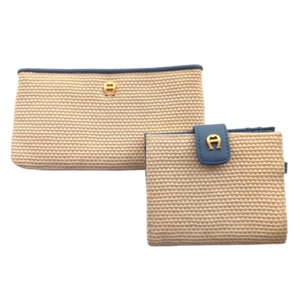 Vintage Etienne Aigner 3 pc Set Woven Straw Blue & Cream - Picture 13 of 16